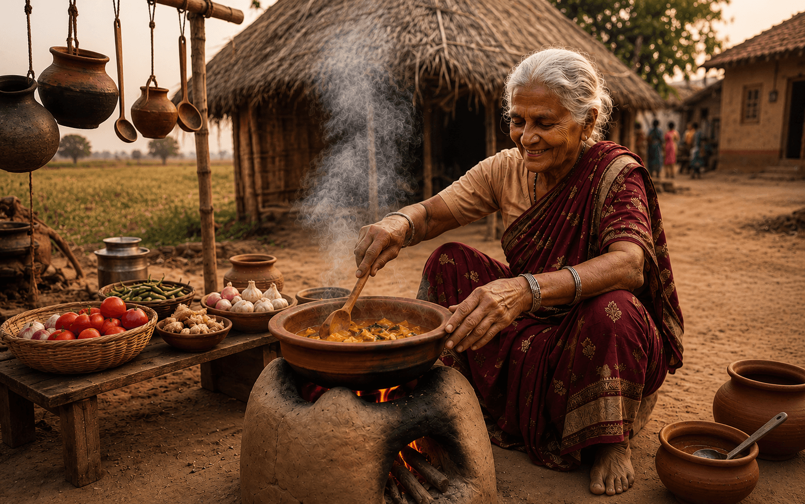 Grandmother cooking authentic Tamil village food in a traditional kitchen