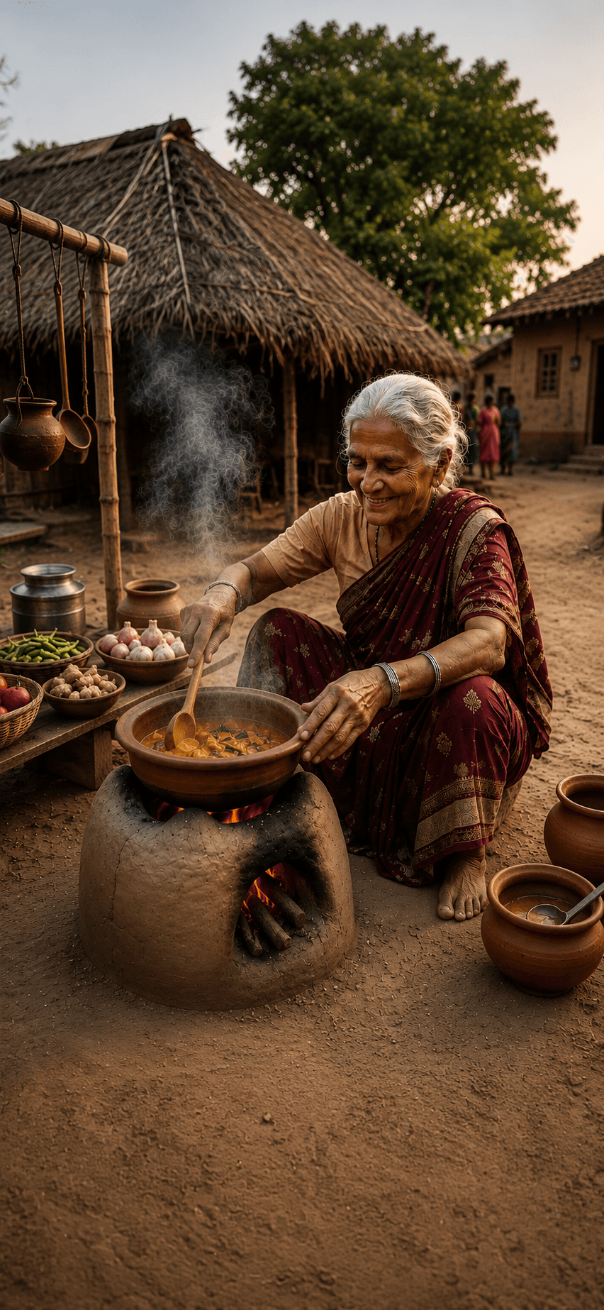 Grandmother cooking authentic Tamil village food in a traditional kitchen